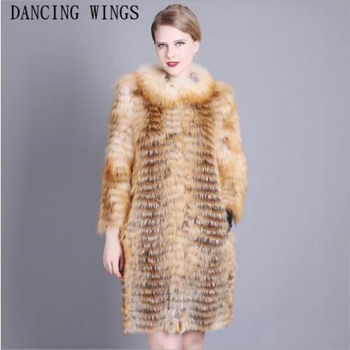 Plus Size XS-7XL Fashion Genuine Fur Coat Full Pelt Natural Red Fox Fur Jacket O-Neck Long Women Overcoat
