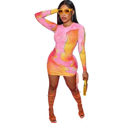 Casaul Women Mini Dress Print Tie Dye Bodycon Drawsrting Full Sleeve Party Night Dresses For Women Vestidos