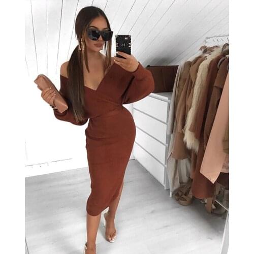 2020 New High Quality Black And Brown Womens Winter Sexy Dress V-Neck Lantern Long-Sleeved Rayon Bandage High Street Dress