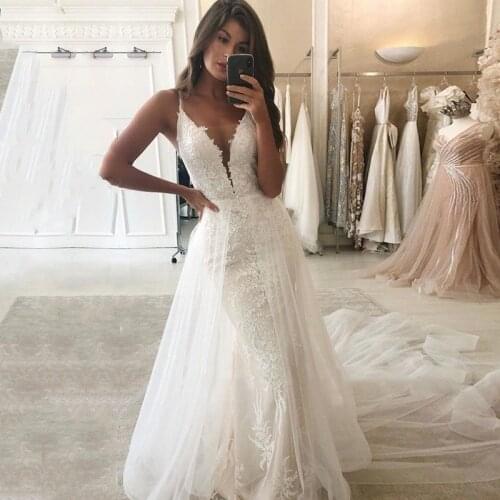 Eightale Mermaid Wedding Dresses with Detachable Skirt Spaghetti Strap Lace V-Neck Boho Wedding Gown Bridal Dress robe de mariee