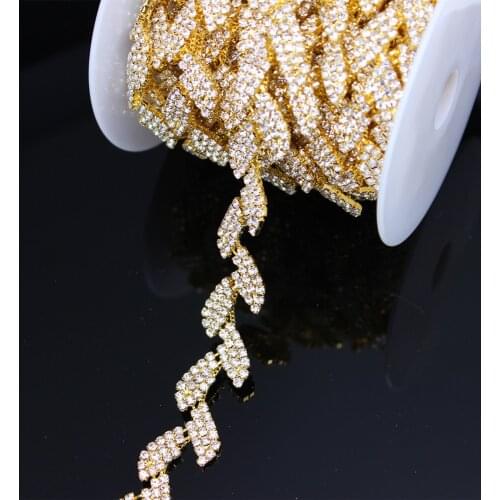 1Yard Shiny Gold Crystal Wedding Dress Belt Bridal Cup Chain Trim Leaf shape Rhinestone Trim Sew on Garments DIY Dress