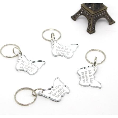 30 Personalized Laser Engraved Gold Mirror Butterfly Keychain Birthday Party Favors Customized Baby Shwer Gift Souvenirs Keyring