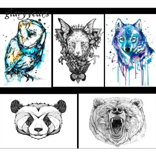5 Pieces Wild Animal Pattern Design Temporary Tattoo Sticker Watercolor Raccoon Wolf Decal Waterproof Fake Tattoo Stickers KM#17