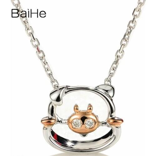 BAIHE Solid 18K White & Rose Gold 0.02ct H/SI-SI3 Natural Diamonds Women Fine Jewelry Wedding Beautiful diamond PIG Necklaces