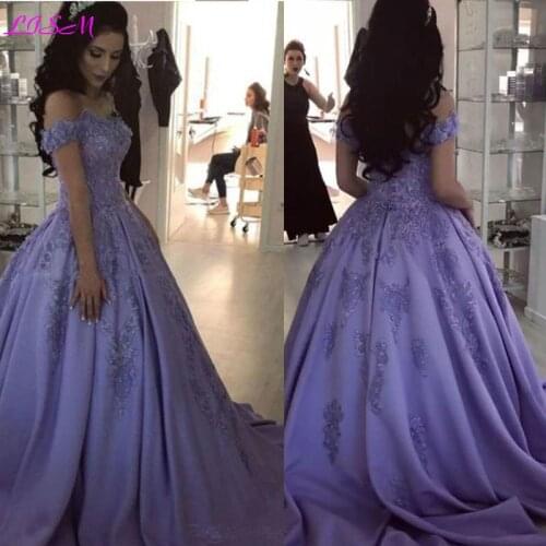 Off The Shoulder Appliques Beaded Ball Gown Evening Dresses Long Satin Saudi Arabia Prom Party Gowns Elegant Formal Dress