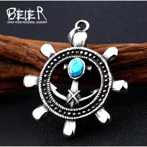 Beier 316L Stainless Steel Necklace pendant Natural Oval Green stone Ocean Style Anchor Pendant Blue stone pendant BP8-401
