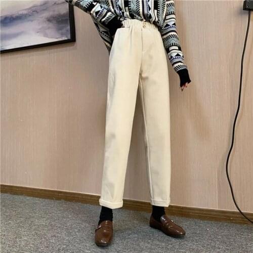 Casual Elastic Waist Wooled Straight Pants Women Office Lady Solid Ankle-Length Pants Korean Style Harem Trousers Female