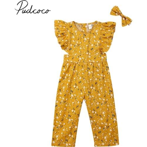2019 Children Summer Clothing Toddler Kid Baby Girl 2Pcs Set Clothes Floral Romper Headband Ruffled Sleeveless Jumpsuit Outfit