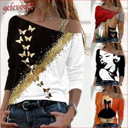 Sexy Skew Neck Off Shoulder Butterfly Graphic Print T Shirt Women 2021 Trendy Clothes Casual Ladies Tops Long Sleeves Tee Shirts