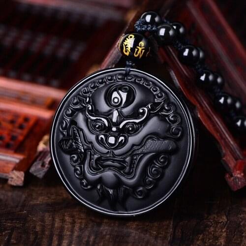 Natural Obsidian Bagua Dragon head Round Pendant Jewelry Fine Jewelry Exorcise evil spirit Lucky Amulet Crystal Pendant