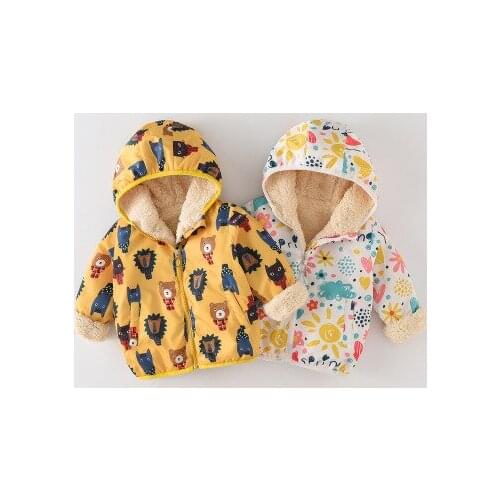 New Winter Fleece Jackets Boys Girls Kids Thicken Warm Coats Cartoon Lion Sun Flowers Hooded Windbreaker for Baby Boy and Girl