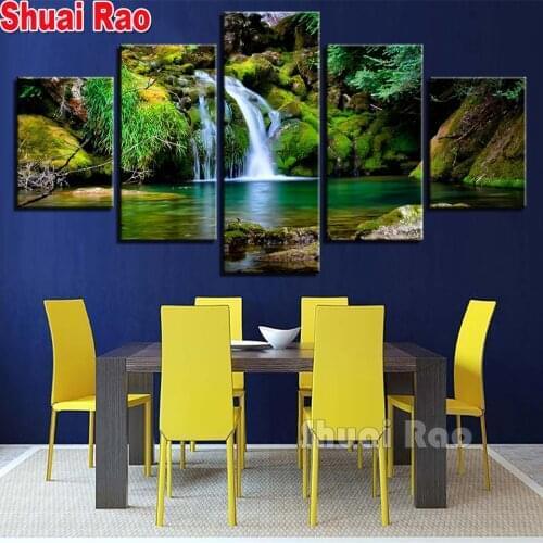Forest Lake Waterfall diamond painting 5 pieces 5d diy handmade full square round diamond embroidery Green Natural Landscape