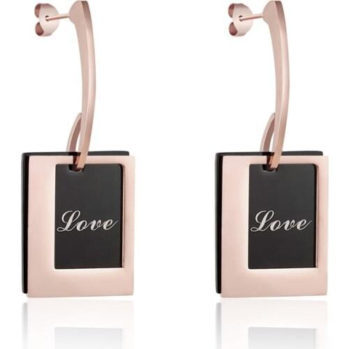 New Design Stainless Steel Plated Black Carved Love Pattern Drop Earrings Double Rectangle Rose Gold Woman Fashion Earrings