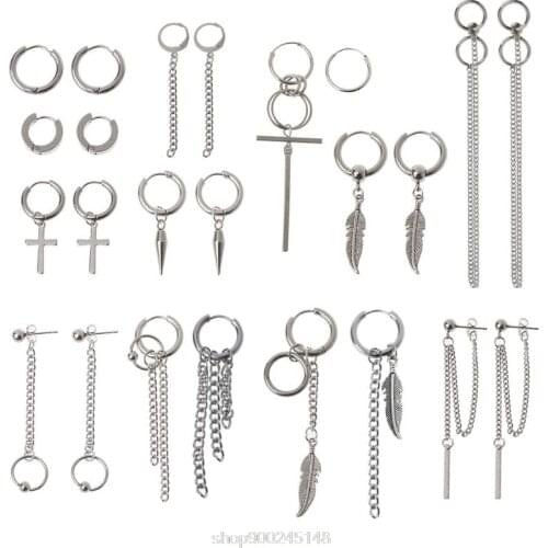 12 Pairs Titanium Steel Statement Kpop Cross Feather Earrings Set Chain Dangle Hoop Earrings Kit Unisex N18 20 Dropshipping