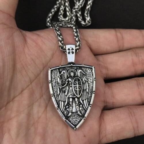 Angel Shield Necklace Men Viking Warrior Archangel Michael Protection Amulet Russian Orthodox Cross Pendant Wings Wicca Jewelry