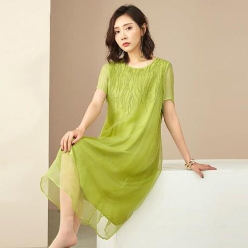 Imitate Silk Dress 2021 Summer New Women Loose Plus Size Casual Vintage Dresses Solid Color Beach Sundress Party Vestidos Y277