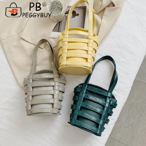 Daily PU Leather Zipper Bucket Bags Ladies Pure Color Hollow Woven Top-Handle Handbag Small Female Shopping Bags