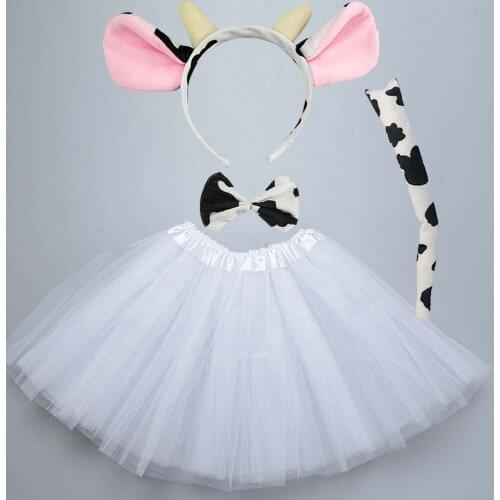 Animal Milk Cow Cattle Cosplay Headband Ears Tutu Skirt Tie Tail Set Children Party Costume for Kids Women Halloween Christmas