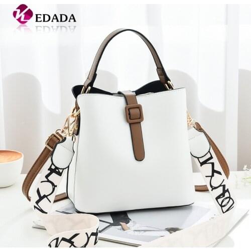 2021 Wide Straps Female PU Leather White Bucket Handbag Famous Brand Designer Ladys Shoulder Crossbody Bags Womens Handbags