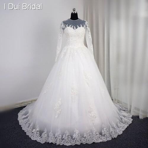 Vestido De Noiva Long Sleeve O Neck Chapel Train See Through Illusion Back Custom Made