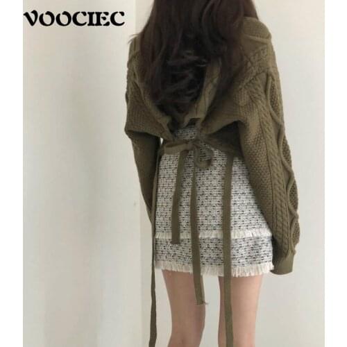 VOOCIEC Spring/Autumn Sexy Woman In Lace-Up Halter Sweater Puff Sleeve Fashion Goddess Sweater Long Sleeve Sweater Womens