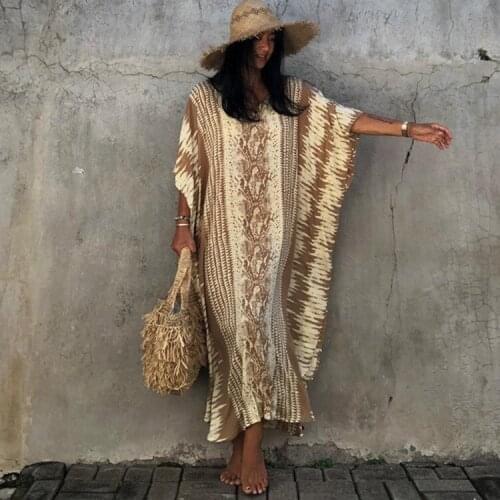 Vintage Print Cotton Vestidos Bohemian Rayon Stripe Printed Oversized Beach Blouse Robe Womens Bikini Blouse