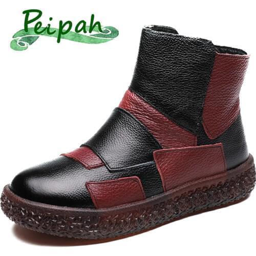 PEIPAH Women Boots Winter Zip Flat With Ankle Boots For Woman Retro Patchwork Plush Chelsea Boots Ladies Bottine Femme