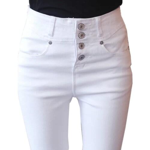 Womens Jeans Spring Autumn Cotton High Waist Black White Jeans All-Match Slim Fit Pants Ladies Plus Size Casual Pants Female