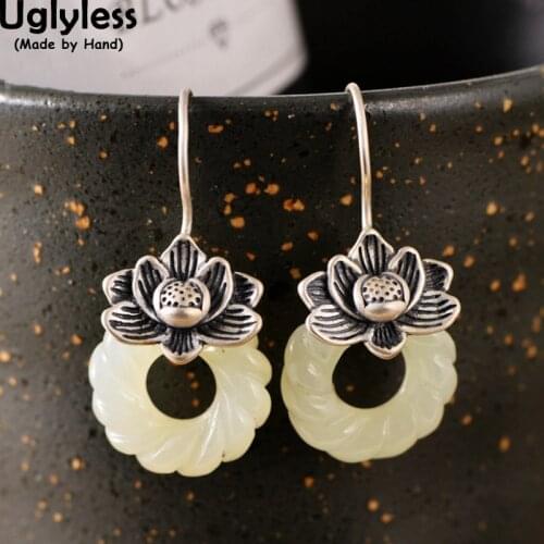Uglyless S 925 Sterling Silver Natural Green Jade Circle Earrings for Women Vintage Ethnic Lotus Brincos Handmade Jasper Bijoux