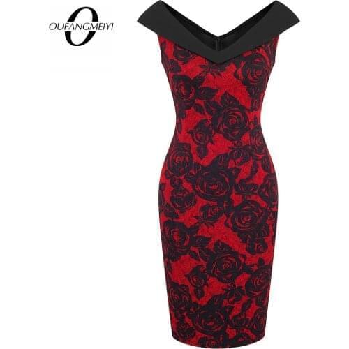 Women Floral Elegant V Neck Sheath Fitted Casual Work Party Sexy Sleeveless Summer Pencil Dress EB425