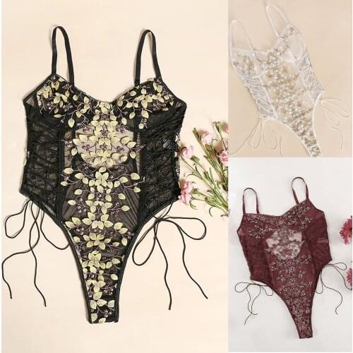 Floral Embrodiery Lace Bodysuit Women Lace Up Transparent Skinny Bodysuit Ladies Teddies Bodsyuit Femme Sexy Onesies Pajamas