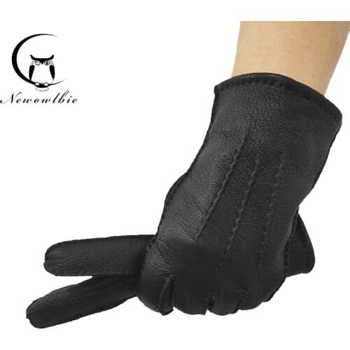 Deer skin pattern design leather gloves male warm soft Sheepskin mens glove black three lines design men mittens Hand sewing