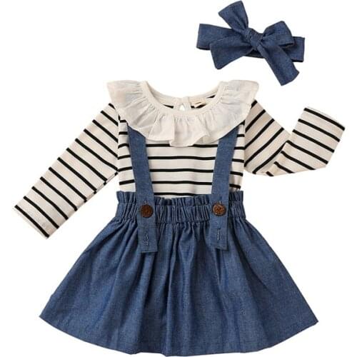 Baby Girls Outfits 3Pcs Fashion Casual Long Sleeve Striped Jumpsuit + Bow Headband + Denim Strap Skirt Set 0-24M
