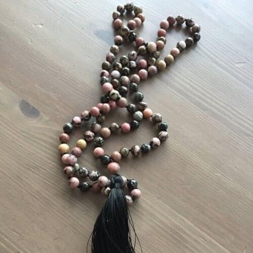 8mm Black And Pink Rhodonite Mala Necklace Black Tassel Jewelry 108 Mala Beads Boho Necklace Yoga Gift For Women