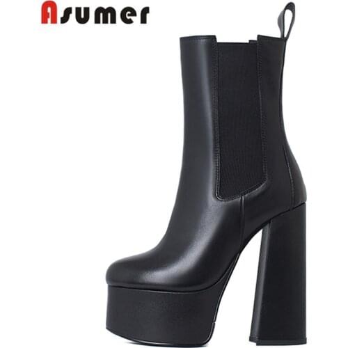 ASUMER 2022 New Arrival Sexy Fashion Women Winter Boots Zipper Elastic Band Ankle Boots With Fur Cow Leather Thick High Heels