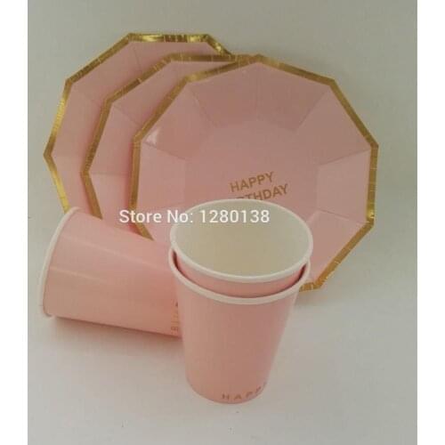 Happy Birthday Party Paper Plates Cups Pink and Gold Disposable Tableware Girls/Boys First Birthday Party Supplies