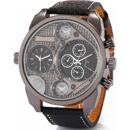 Cool Big Face Oulm Brand Mens Quartz Watches Double Time Show Leather Band Casual Sports Watch Montre Homme de Marque Mode 2018