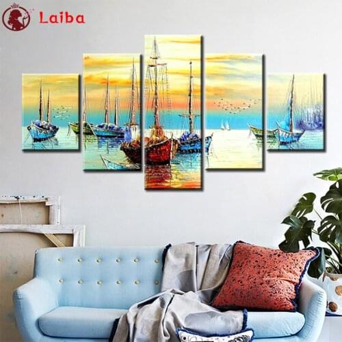 Pictures 5d diamond painting Abstract art, sailboat on the sunset sea full novelty 2021 mosaic art diamond embroidery 5pcs