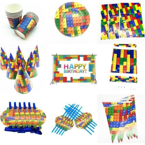 Legoing Theme Party Disposable Tableware Paper Cup Plate Hat Gift Background Baby Shower Kids Birthday Party Decoration Supplies