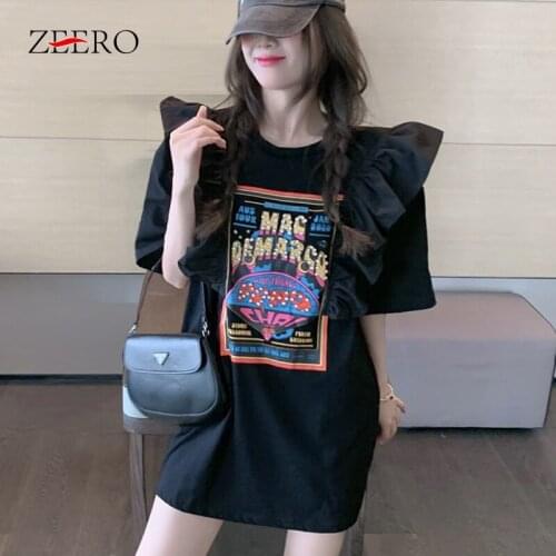Summer Women Chic Patchwork Ruffles Mini T-Shirts Dress Streetwear Female Casual Beading Words Long Tees Plus Size White Tops