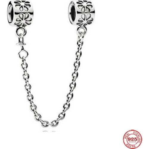 New Original Silver Color Flower Safety Chain Diy Bead Fit European Pandora Charms Bracelet Bangles Diy Jewelry P772