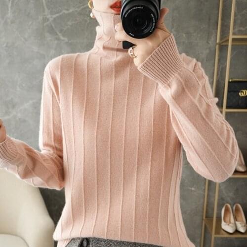 Autumn and winter new womens 100% pure wool turtleneck pullover sweater long-sleeved pure color simple cashmere base sweater