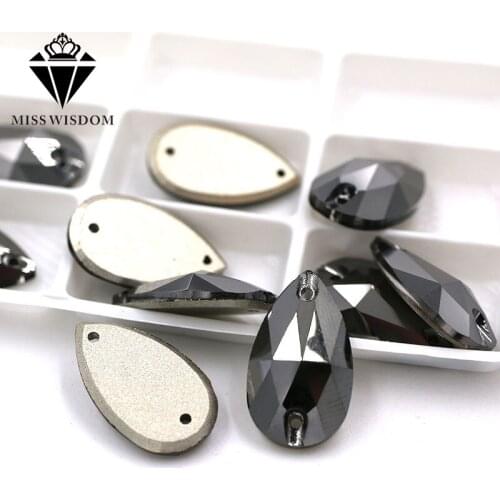 New High quality Flatback glass crystal double hole sew on rhinestones Teardrop Metal black rhinestones diy clothing accessories