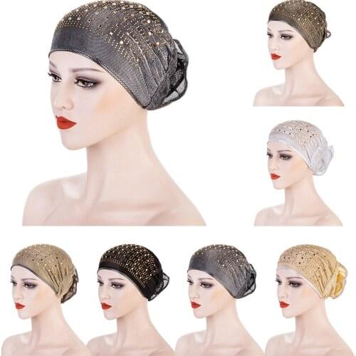 New Underscarf Hijabs Hat Rhinestone Flower Under Scarf Women Muslim Hijab Turban Inner Cap Ninja Hats Bonnet Head Wrap Headwear