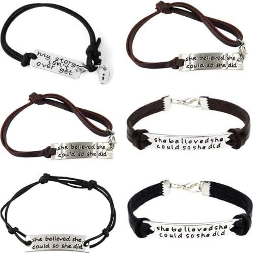 She Believed She Could So She Did Bracelets Round Message Reminder Bangle Leather Inspiring Bracelet Encourage Chain Friend Gift
