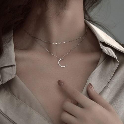 XIHA 925 Sterling Silver Layered Choker Necklace for Women Zircon Crescent Moon Pendant Necklaces Elegant Party Jewelry Gifts