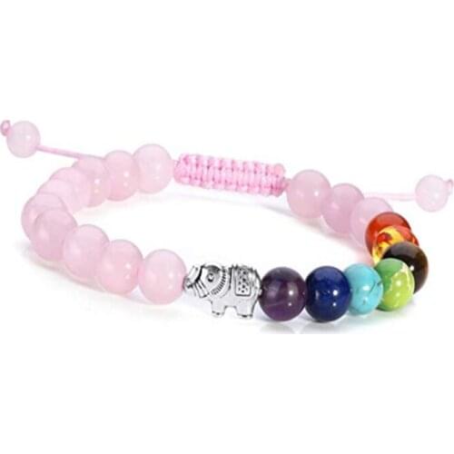 Silver Plated Elephant Connect Rose Pink Quartz Round Beads Elastic Bracelet Black Agates Healing Chakra Jewelry