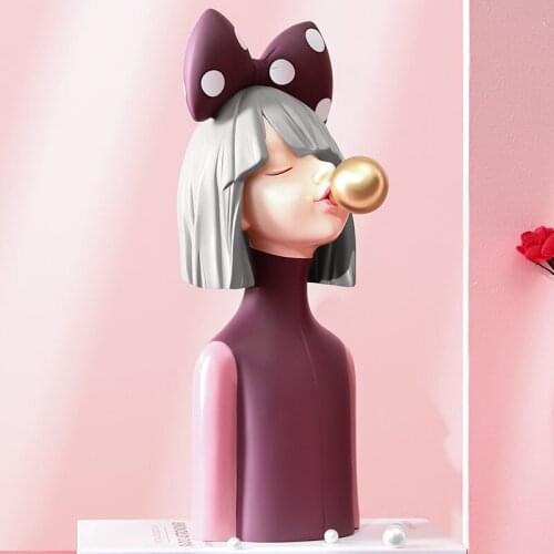 Resin Abstract Sculpture Bow Bubble Girl Statues Home Decoration Accessories Modern Girl Figures Lovely Statues for Decor Gifts