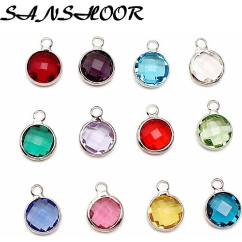 SANSHOOR 8.6mm 12 Months Crystal Birthstone Dangles Charms Fit DIY Pendant Necklace Rhinestone Charms Bracelets As Women Gift
