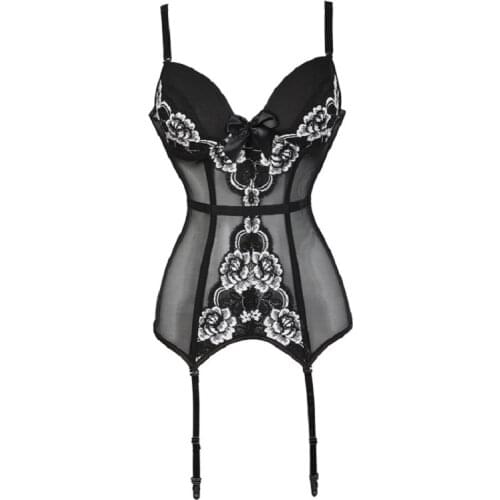 Sexy Push Up Cup Corset Lace Embroidered Teddies Lingerie Plastic Boned Lace Bow Transparent Bodysuit Bustiers Underwear Shaper
